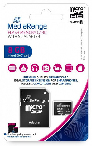 Atmiņas karte MEMORY MICRO SDHC 8GB C10/W/ADAPTER MR957 MEDIARANGE MR957