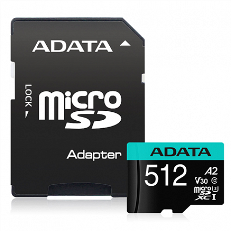 Atmiņas karte ADATA Premier Pro UHS-I U3 512 GB, micro SDXC, Flash memory class 10, with Adapter AUSDX512GUI3V30SA2-RA1