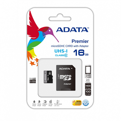 Atmiņas karte ADATA Premier UHS-I 16 GB, MicroSDHC, Flash memory class 10, SD adapter AUSDH16GUICL10-RA1