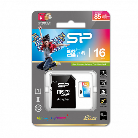 Карта памяти Silicon Power Elite UHS-1 Colorful 16GB,MicroSDHC,class10,SD adapter SP016GBSTHBU1V20SP