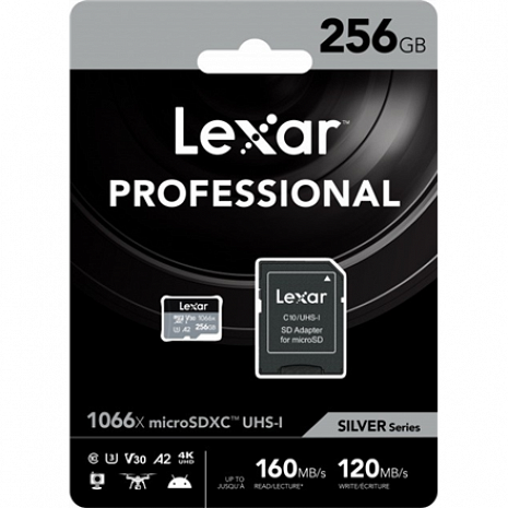Карта памяти Lexar High-Performance 1066x UHS-I MicroSDXC, 256 GB, Flash memory class 10, Black/Grey, Class: A2 V30 U3, 70 MB/s, 160 MB/s LMS1066256G-BNANG