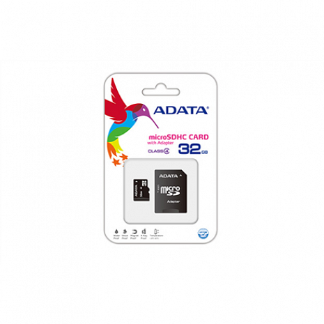 Карта памяти ADATA 32 GB, MicroSDHC, Flash memory class 4, SD adapter AUSDH32GCL4-RA1