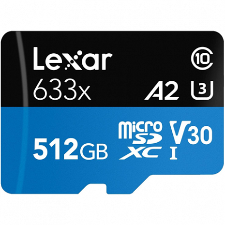Карта памяти Lexar High-Performance 633x UHS-I MicroSDXC, 512 GB, Flash memory class 10, Black/Blue, Class: A2 V30 U3, 70 MB/s, 100 MB/s LSDMI512BB633A