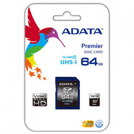 Карта памяти ADATA Premier 64 GB, SDHC, Flash memory class 10 ASDX64GUICL10-R