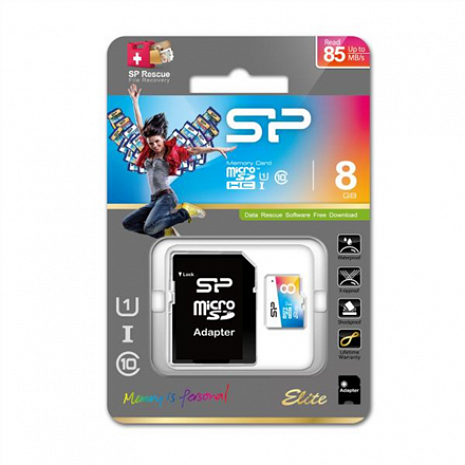 Карта памяти Silicon Power Elite UHS-1 Colorful 8 GB, MicroSDHC, Flash memory class 10, SD adapter SP008GBSTHBU1V20SP