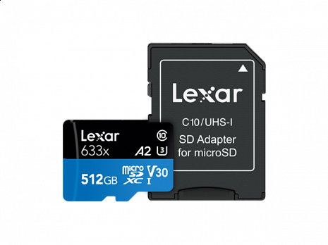 Карта памяти Lexar High-Performance 633x UHS-I MicroSDXC, 512 GB, Flash memory class 10, Black/Blue, Class: A2 V30 U3, 70 MB/s, 100 MB/s LSDMI512BB633A