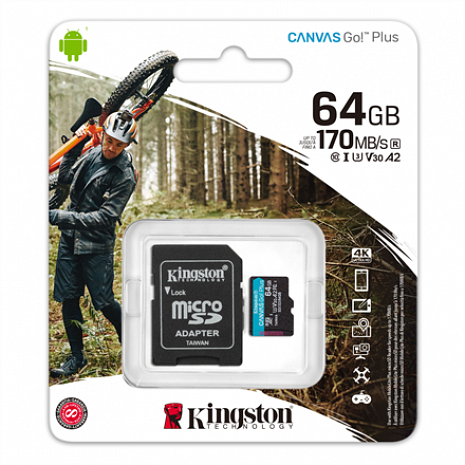 Карта памяти Kingston microSD Canvas Go! Plus 64 GB, MicroSD, Flash memory class 10, SD Adapter SDCG3/64GB