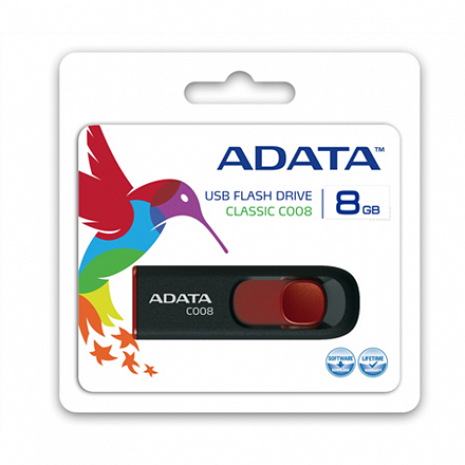 USB zibatmiņa ADATA C008 8 GB, USB 2.0, Black/Red AC008-8G-RKD