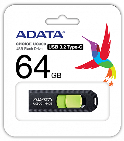 USB zibatmiņa ADATA FlashDrive UC300 64 GB, USB 3.2 Gen 1, Black/Green ACHO-UC300-64G-RBK/GN