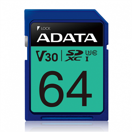 Atmiņas karte ADATA Premier Pro UHS-I SDXC, 64 GB, Flash memory class 10, U3, V30, 80 MB/s, 100 MB/s ASDX64GUI3V30S-R