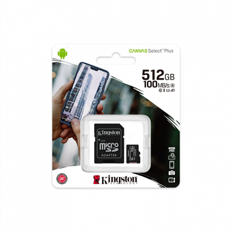 Atmiņas karte Kingston Canvas Select Plus 512 GB, Micro SD, Flash memory class 10, SD adapter SDCS2/512GB