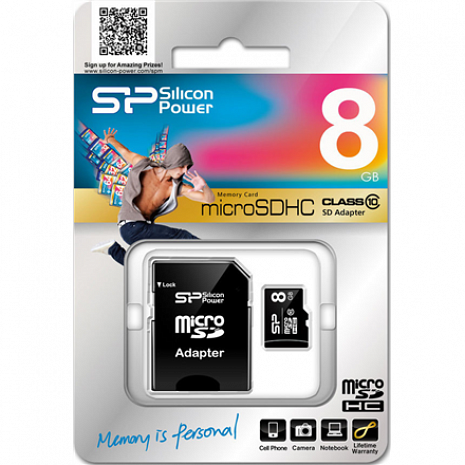 Карта памяти Silicon Power 8 GB, MicroSDHC, Flash memory class 10, SD adapter SP008GBSTH010V10SP