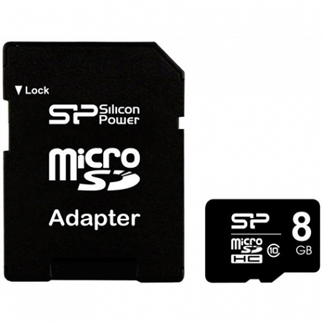 Карта памяти Silicon Power 8 GB, MicroSDHC, Flash memory class 10, SD adapter SP008GBSTH010V10SP