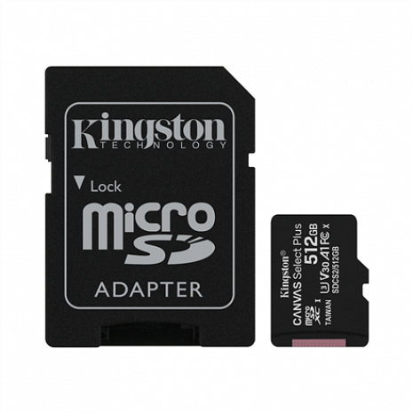Карта памяти Kingston Canvas Select Plus 512 GB, Micro SD, Flash memory class 10, SD adapter SDCS2/512GB